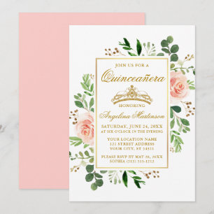 Invitation Aquarelle rose Floral Vert Or Quinceanera