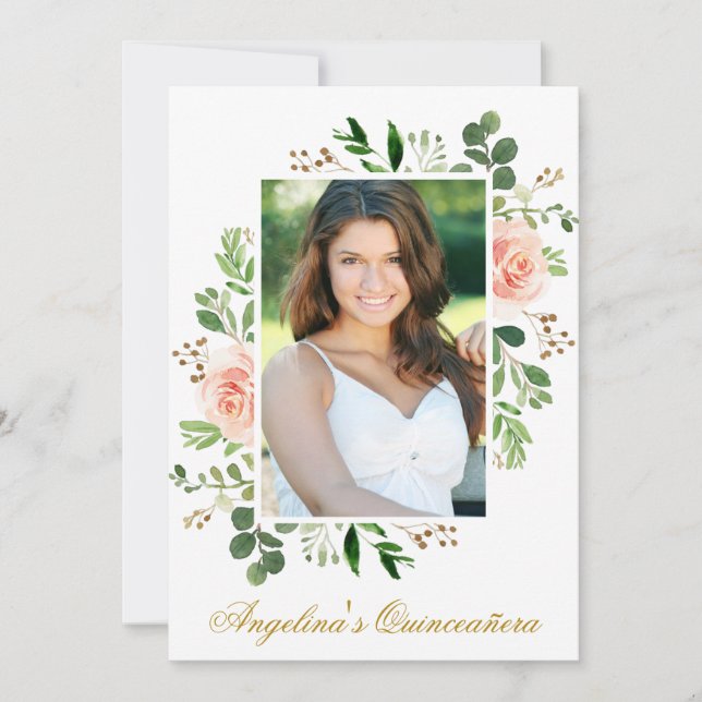 Invitation Aquarelle rose Floral Vert Photo Quinceanera (Devant)