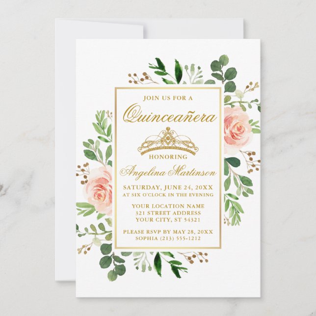 Invitation Aquarelle rose Floral Vert Quinceanera Or (Devant)