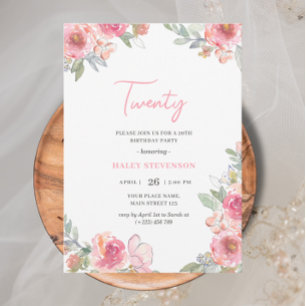 Invitation Aquarelle rose Floral Vingt Boho Chic Anniversaire