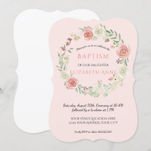 Invitation Aquarelle rose Floral Wreath Baptism Baby Girl