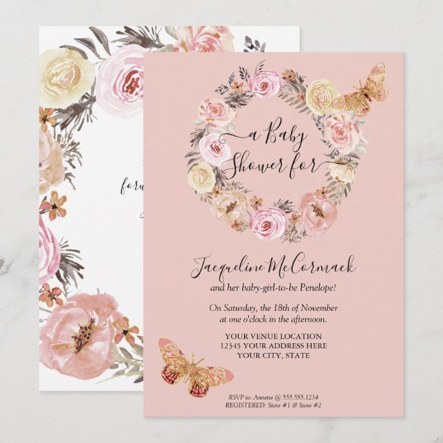 Invitation Aquarelle rose Floral Wreath Butterfly Baby Girl (Devant / Derrière)