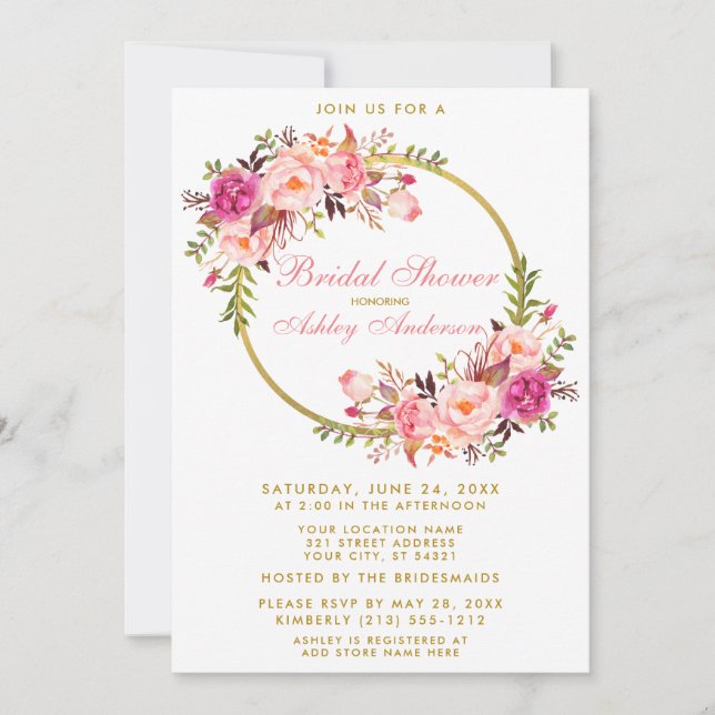 Invitation Aquarelle rose Floral Wreath Gold Fête des mariées (Devant)