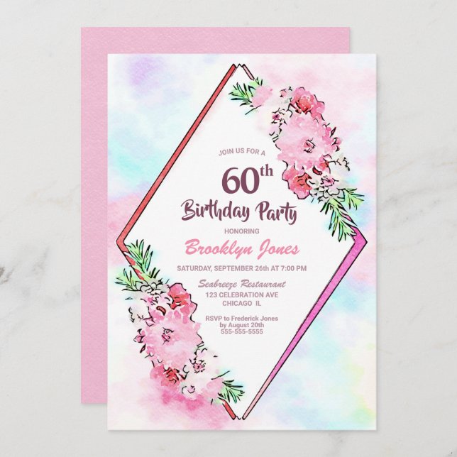 Invitation Aquarelle rose florale 60e fête d'anniversaire (Devant / Derrière)