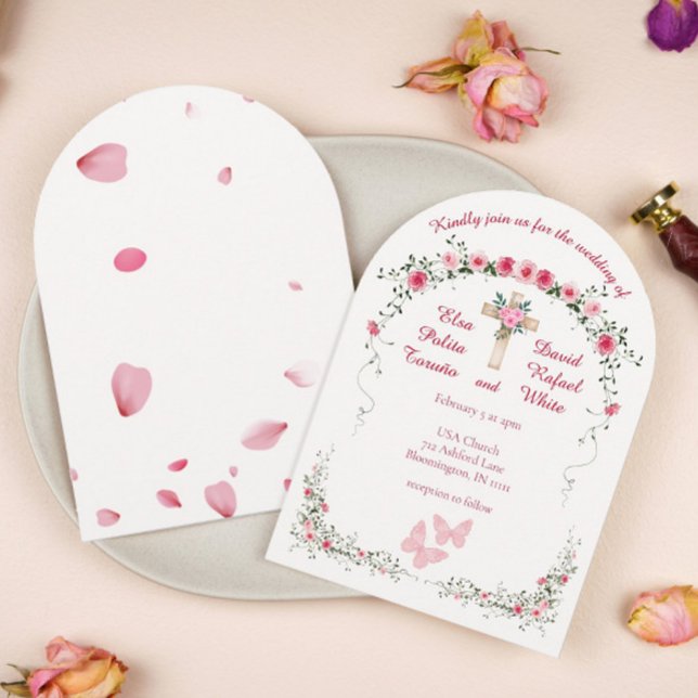 Invitation Aquarelle rose Florale Christian Mariage Arch (Roses Watercolor Floral with Cross Arch Wedding Invitation)