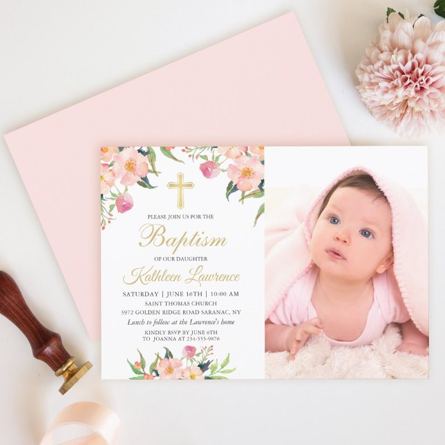 Invitation Aquarelle rose florale fille Baptême photo (Créateur téléchargé)