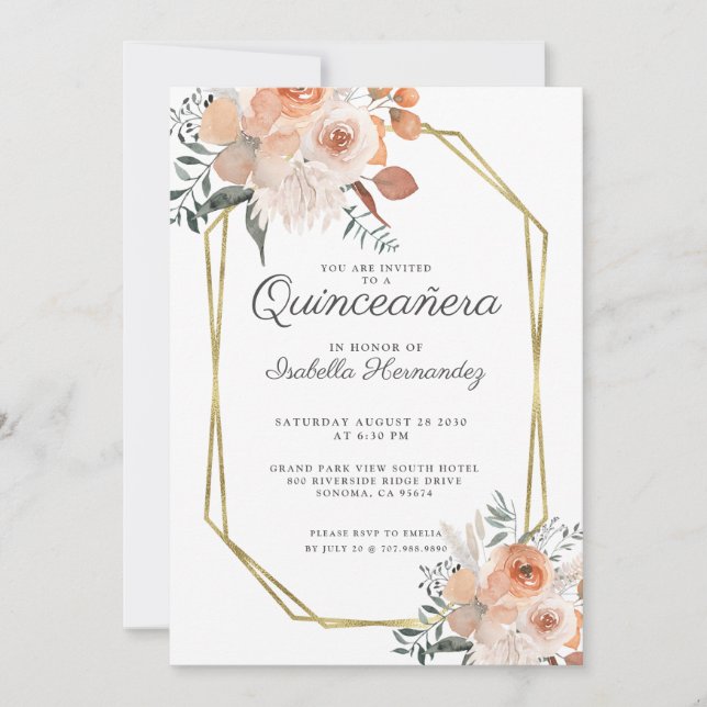 Invitation Aquarelle rose Florale Or Cadre Quinceanera (Devant)