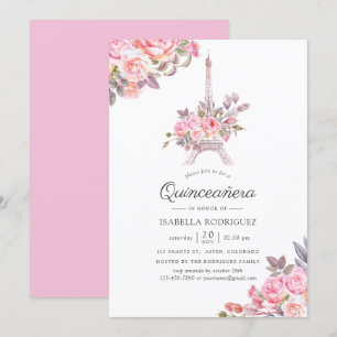 Invitation Aquarelle rose florale Paris thème Quinceañera
