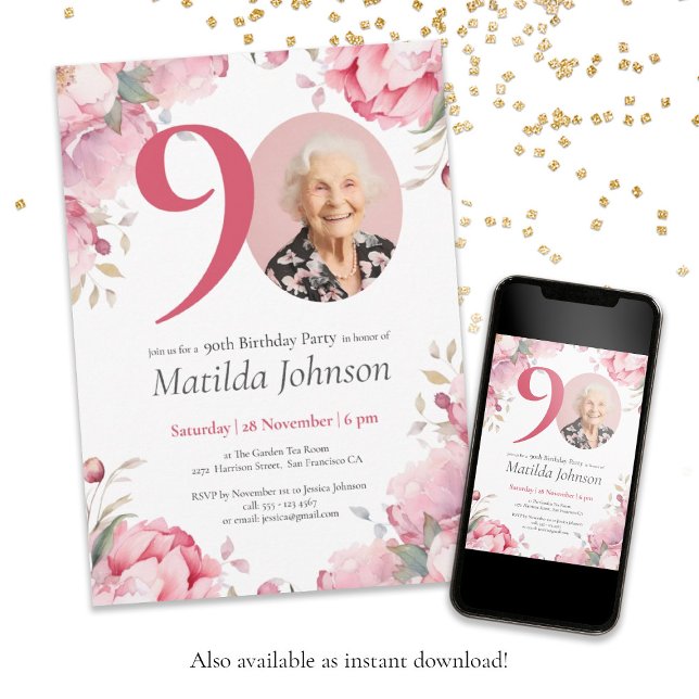 Invitation Aquarelle rose florale Photo 90e fête d'anniversai (90th Birthday Pink Floral Watercolor Custom Photo Invitation)