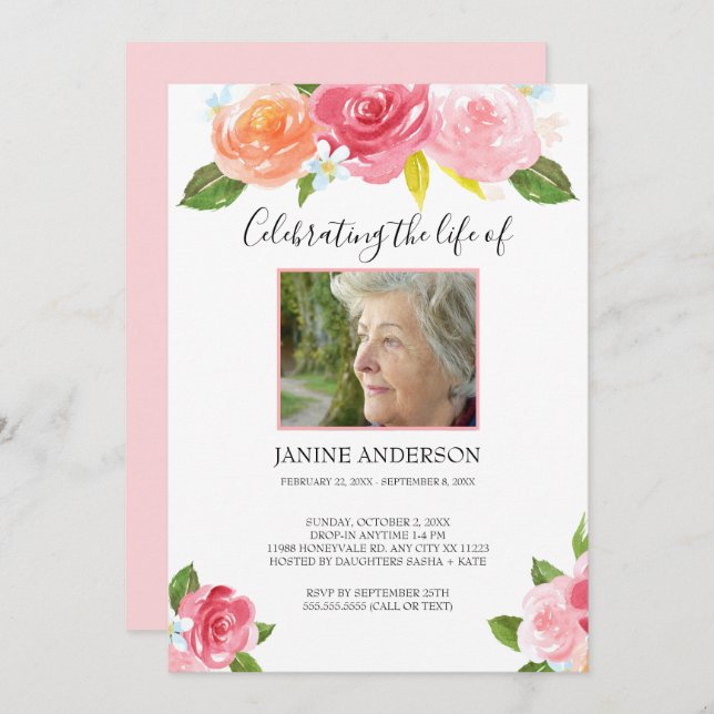 Invitation Aquarelle rose florale Photo de célébration de la  (Devant / Derrière)