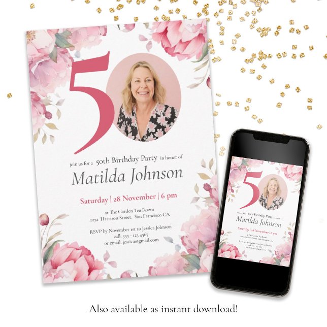 Invitation Aquarelle rose florale Photo personnalisée 50e ann (50th Birthday Pink Floral Watercolor Custom Photo Invitation
)