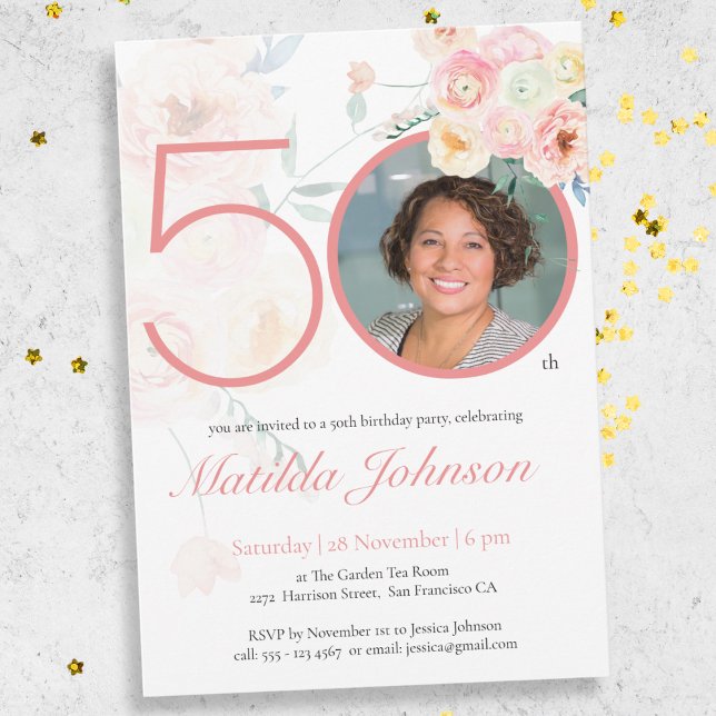 Invitation Aquarelle rose florale Photo personnalisée 50e ann (Mock Up View)
