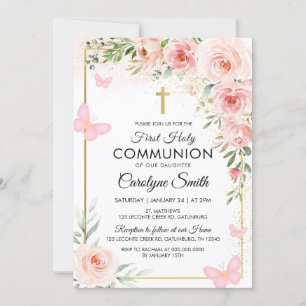 Invitation Aquarelle rose florale Première communion sainte