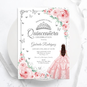 Invitation Aquarelle rose Florale Roses Quinceanera argent