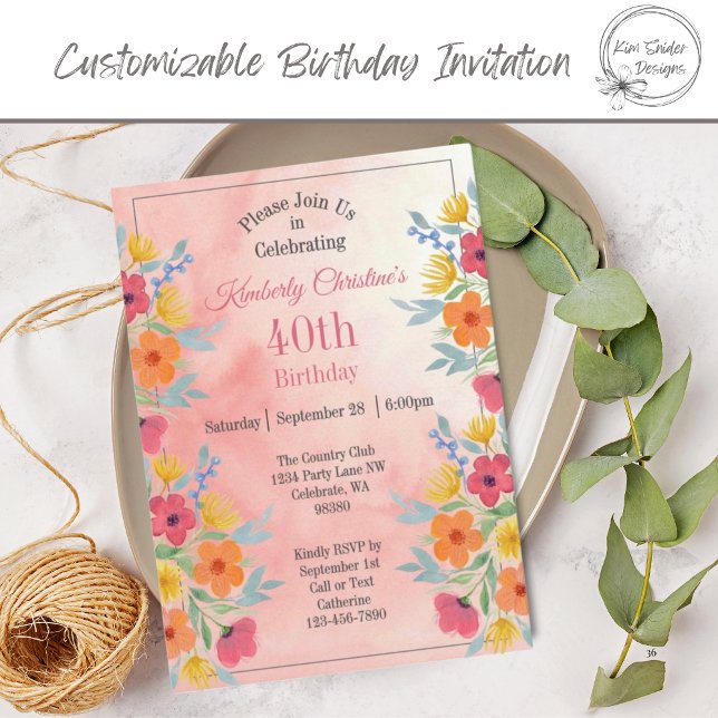 Invitation Aquarelle rose Florals 40e anniversaire (Créateur téléchargé)