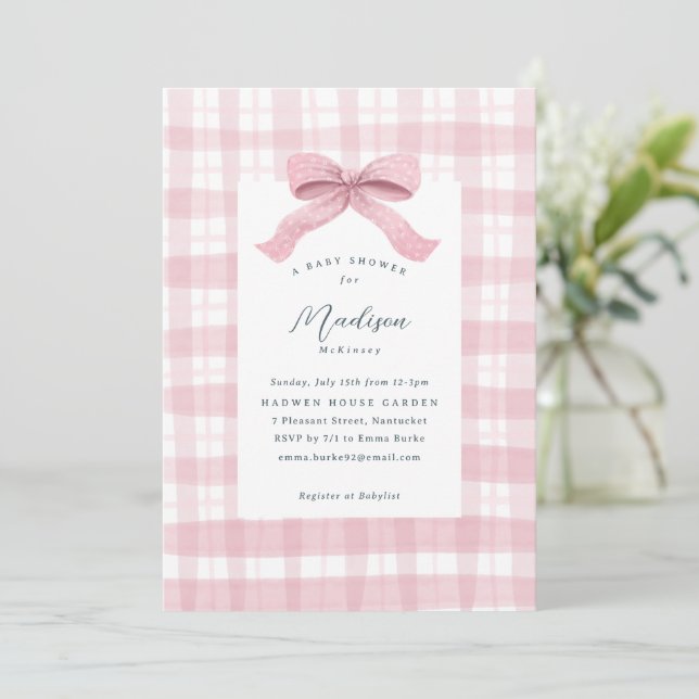 Invitation Aquarelle rose foncé plaid et Baby shower de la cr (Debout devant)