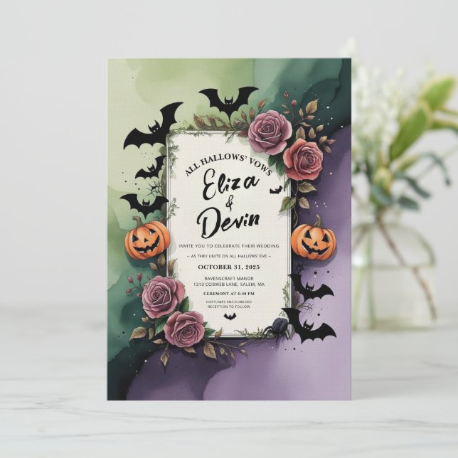 Invitation Aquarelle Rose foncée Halloween Mariage (Debout devant)