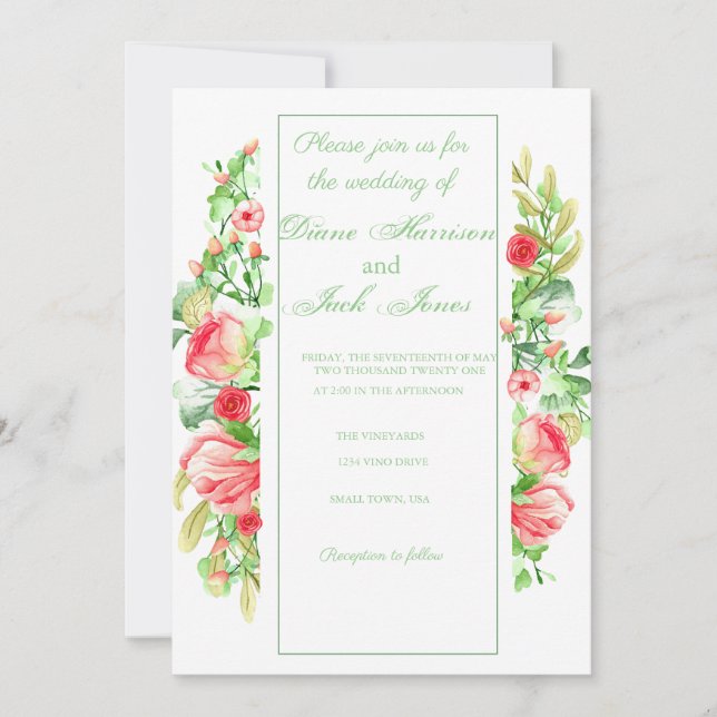 Invitation Aquarelle Rose Garden Bouquet Rose (Devant)