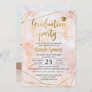 Invitation Aquarelle rose géométrique or Graduation photo