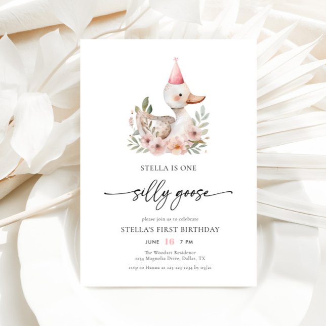 Invitation Aquarelle Rose Girl One Silly Goose 1er anniversai (Créateur téléchargé)