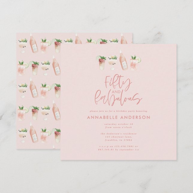 Invitation Aquarelle rose girly 50 et fabuleux anniversaire (Devant / Derrière)