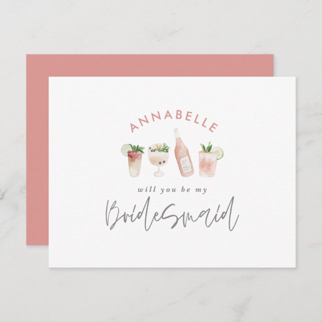 Invitation Aquarelle rose girly peint boissons bridesmaid (Devant / Derrière)