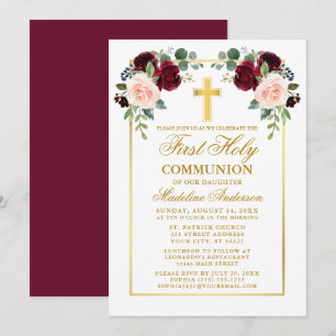 Invitation Aquarelle Rose Gold Bourgogne Première communion