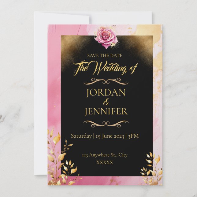 Invitation Aquarelle rose & Gold Wedding Enregistrer la date (Devant)