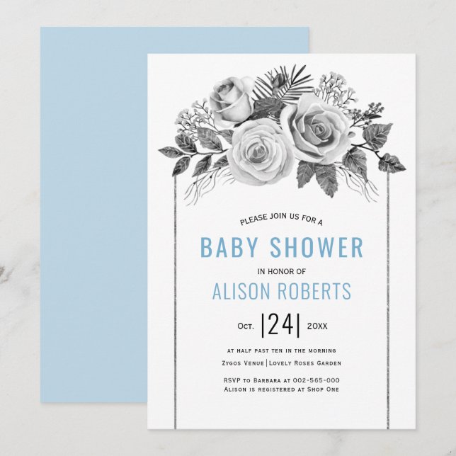 Invitation Aquarelle rose gris fleuri baby shower garçon (Devant / Derrière)