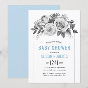 Invitation Aquarelle rose gris fleuri baby shower garçon