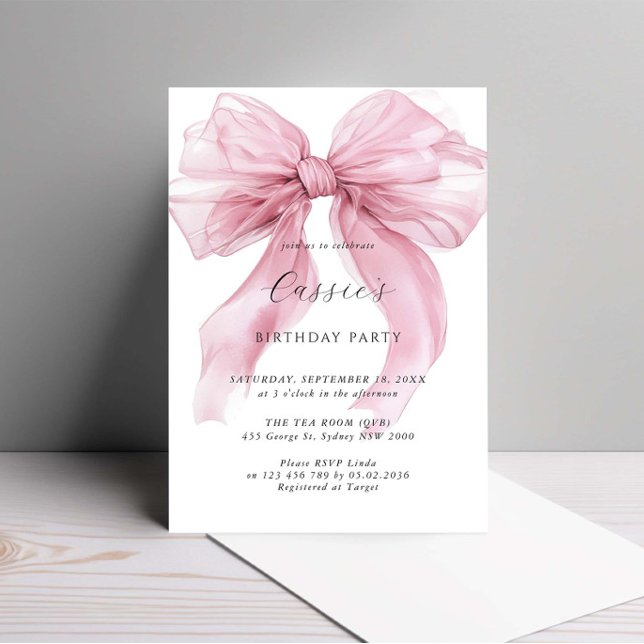 Invitation Aquarelle rose Gros Bow fête d'anniversaire (Créateur téléchargé)