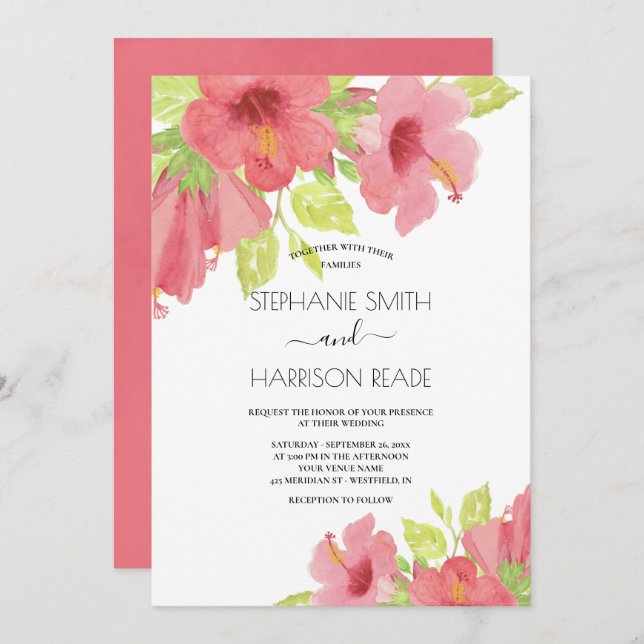 Invitation Aquarelle rose Hibiscus Floral Mariage (Devant / Derrière)