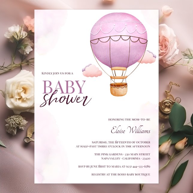 Invitation Aquarelle rose Hot Air Balloon Baby shower fille (Créateur téléchargé)