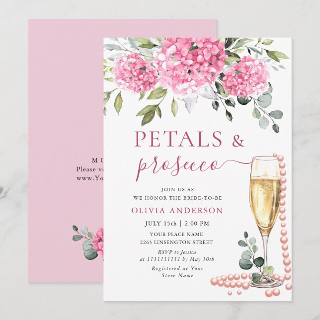 Invitation Aquarelle rose Hydrangea PETALS & Prosecco (Devant / Derrière)