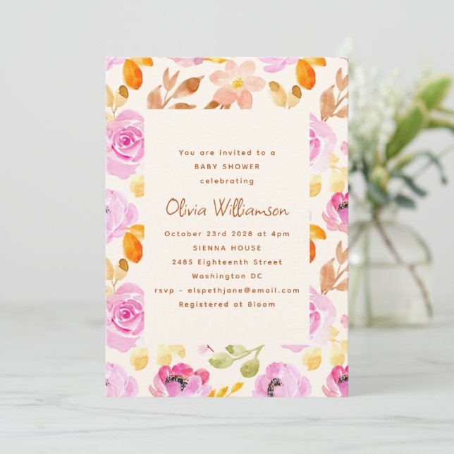Invitation Aquarelle rose Jardin Baby shower Floral (Debout devant)