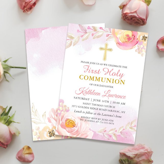 Invitation Aquarelle Rose Jardin Rose Première communion sain (Créateur téléchargé)