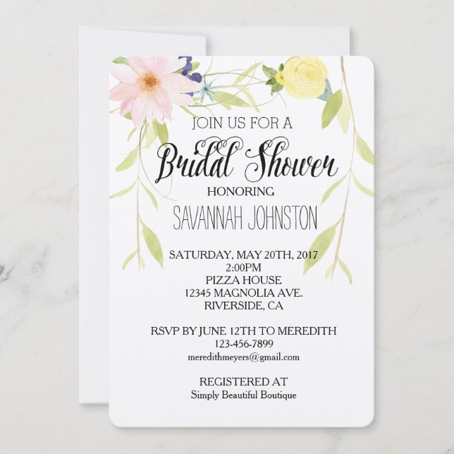 Invitation Aquarelle rose jaune Floral douche nuptiale (Devant)