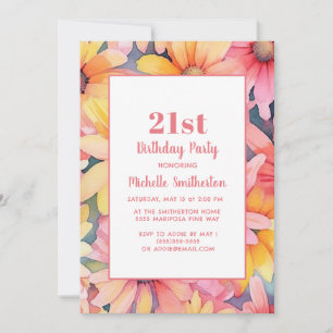 Invitation Aquarelle rose jaune orange florale 21e anniversai