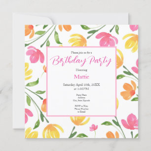 Invitation Aquarelle rose jaune orange Motif de tiges florale