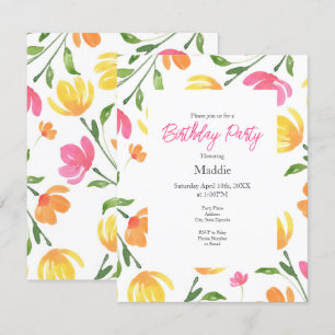 Invitation Aquarelle rose jaune orange Motif de tiges florale