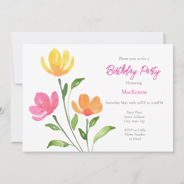Invitation Aquarelle rose jaune orange tiges florales (Devant)
