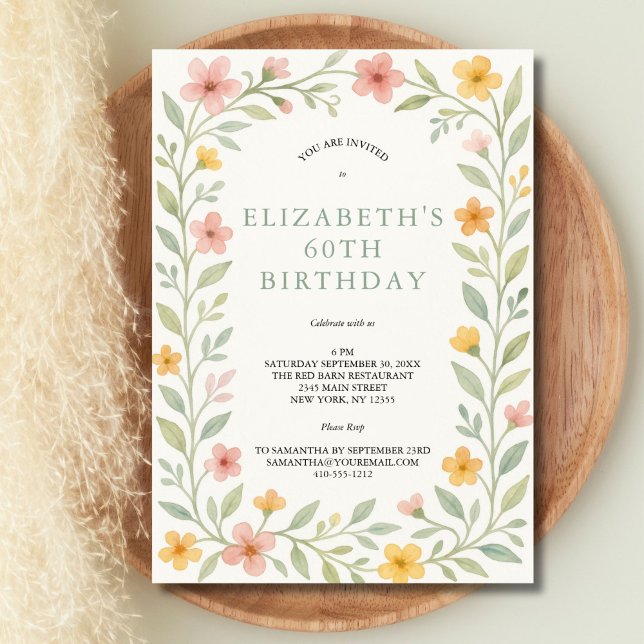 Invitation Aquarelle rose jaune Sage vert Floral 60e (Pink yellow sage green watercolor florals 60th birthday invitation. Printed or Digital Download)