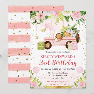Invitation Aquarelle rose Jungle Animaux Anniversaire de enfa