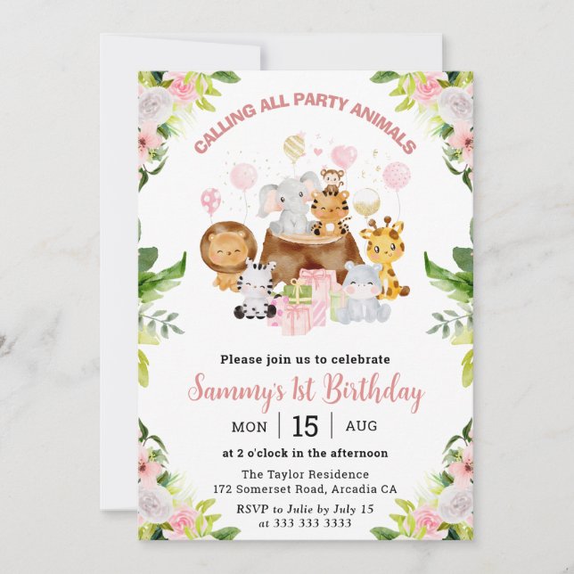Invitation Aquarelle rose Jungle Animaux Anniversaire de enfa (Devant)