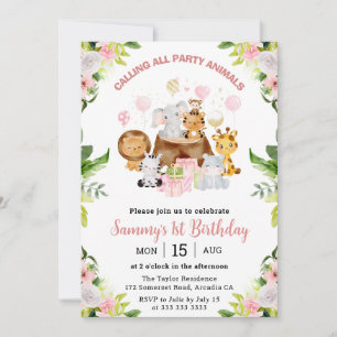 Invitation Aquarelle rose Jungle Animaux Anniversaire de enfa