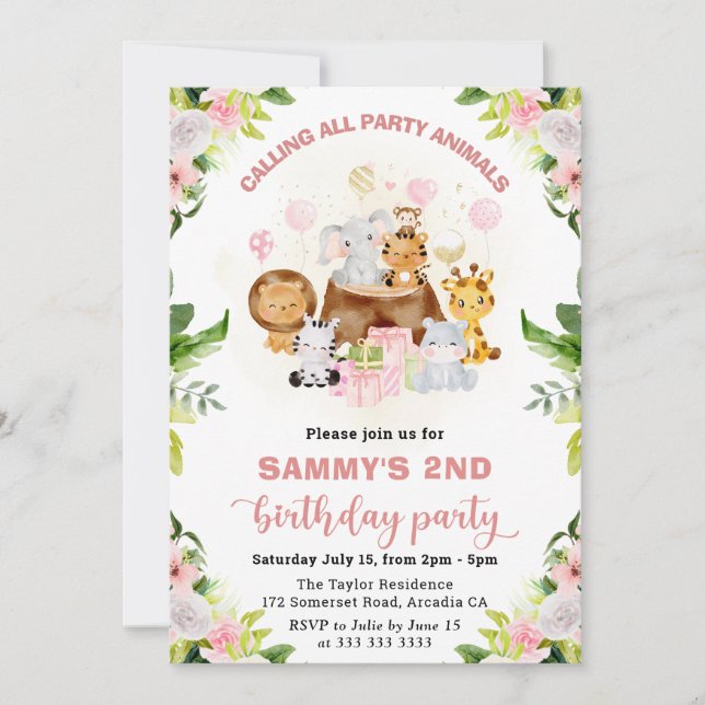 Invitation Aquarelle rose Jungle Animaux Anniversaire de enfa (Devant)