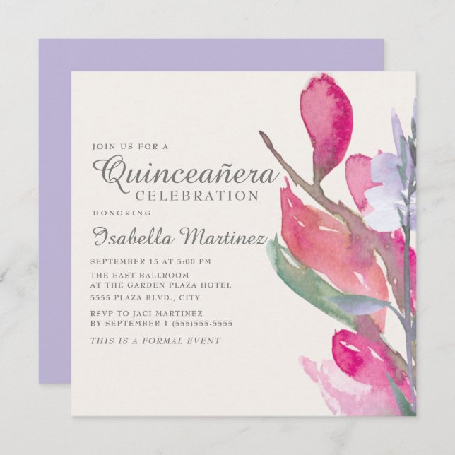 Invitation Aquarelle rose Lilac Boho Floral Quinceañera (Devant / Derrière)
