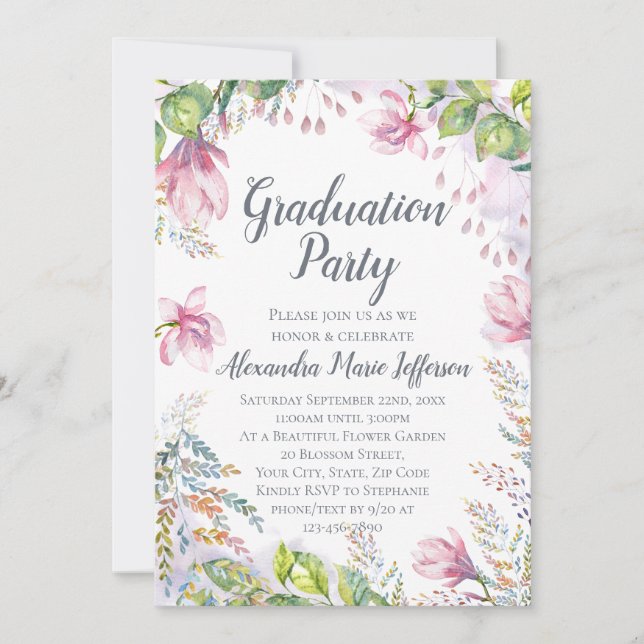 Invitation Aquarelle rose Lily Fleur Floral Girl Graduation (Devant)