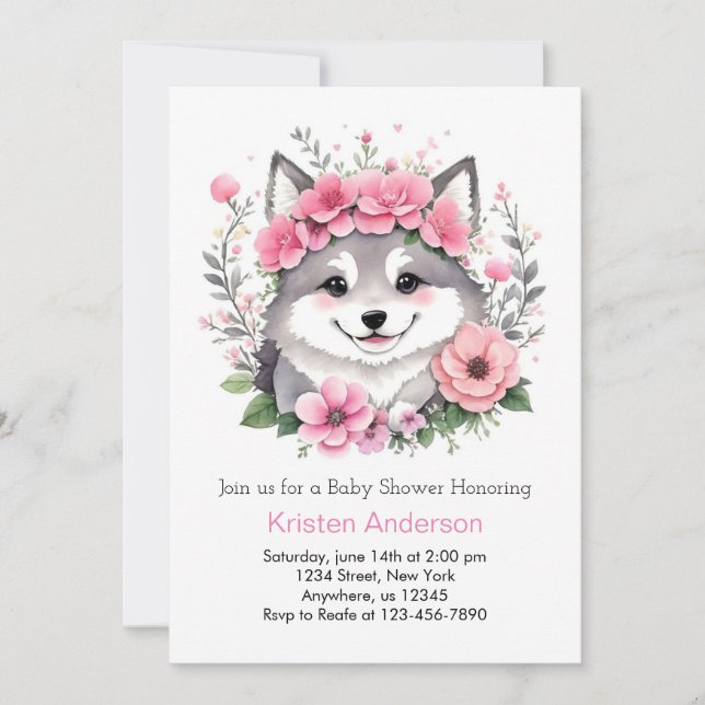 Invitation Aquarelle rose Loup Whispers Baby shower fille (Devant)