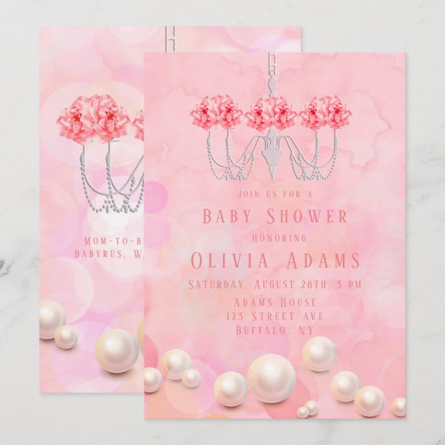Invitation Aquarelle rose Lustre Floral Baby shower fille (Devant / Derrière)